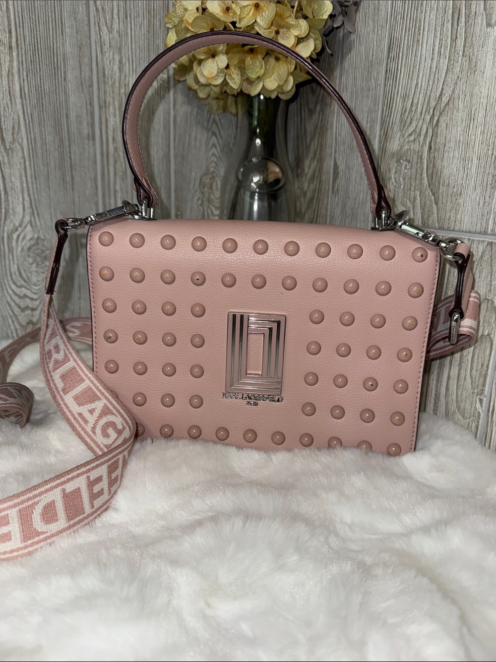 Karl Lagerfeld Blush Pink Studded Leather Shoulder Bag with Logo Strap